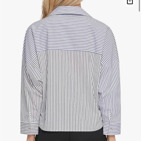DKNY Womens Shirt Striped Faux Wrap top 100% Cotton Long Sleeve Size Large - Picture 5 of 10